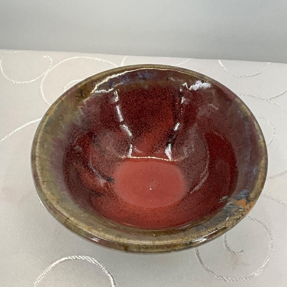 Pigeon River Pottery Red, Olive and Brow Ceramic Bowl 5"‎